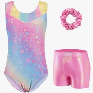 Zaclotre Girls Gymnastic Leotards Glitter Mesh Necline 3 Pieces - NEW 9/10yrs